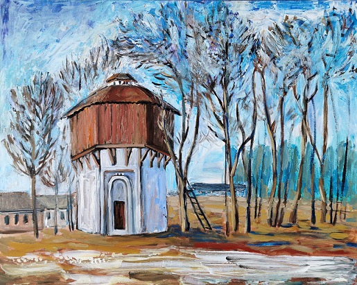 Aivaras Cibulskas Konstantin Špakov. Ignalinos geležinkelio stoties vandens bokštas. 2024 drobė akrilas 80 x 100 (5) (002).jpg